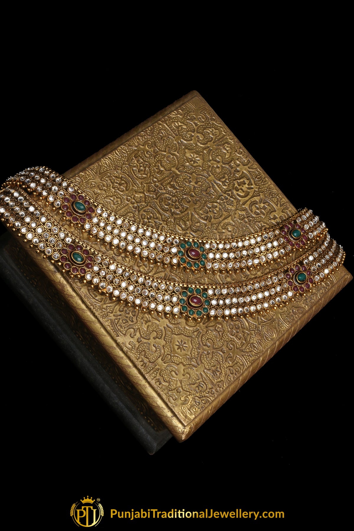 Red &  Green Antique Gold, Polki Payal By Punjabi Traditional Jewellery