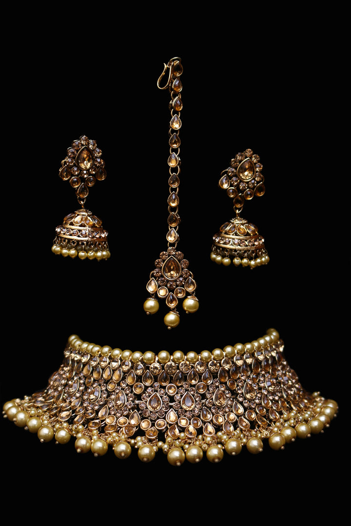 Golden Kundan Pearl Choker Necklace Set By Punjabi Traditional Jewellery