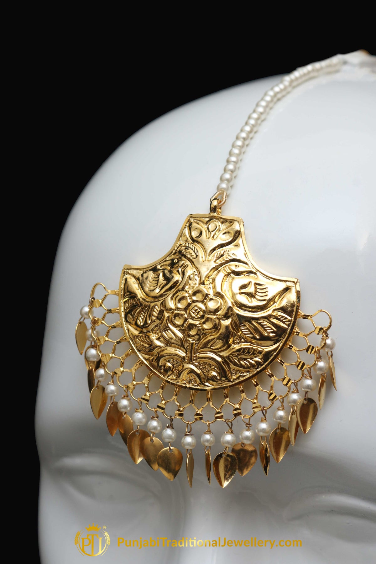 Golden Gold Plated Pippal Patti Earring Tikka Set By Punjabi Traditional Jewellery