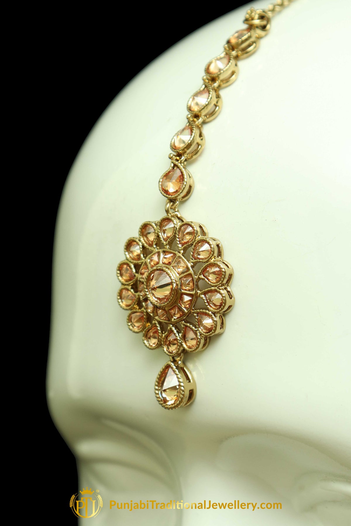 Gold Finished Champagne Stone Earring Tikka Set By Punjabi Traditional Jewellery
