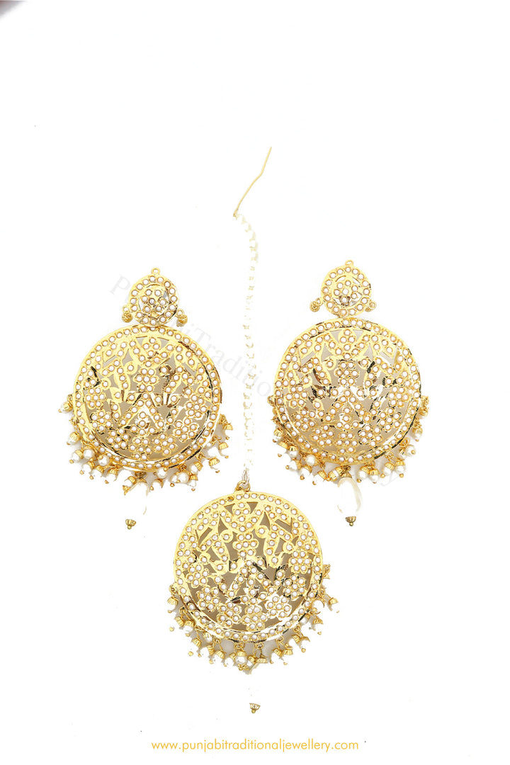 Gold Finished Pearl Jadau Earrings & Tikka Set By PTJ