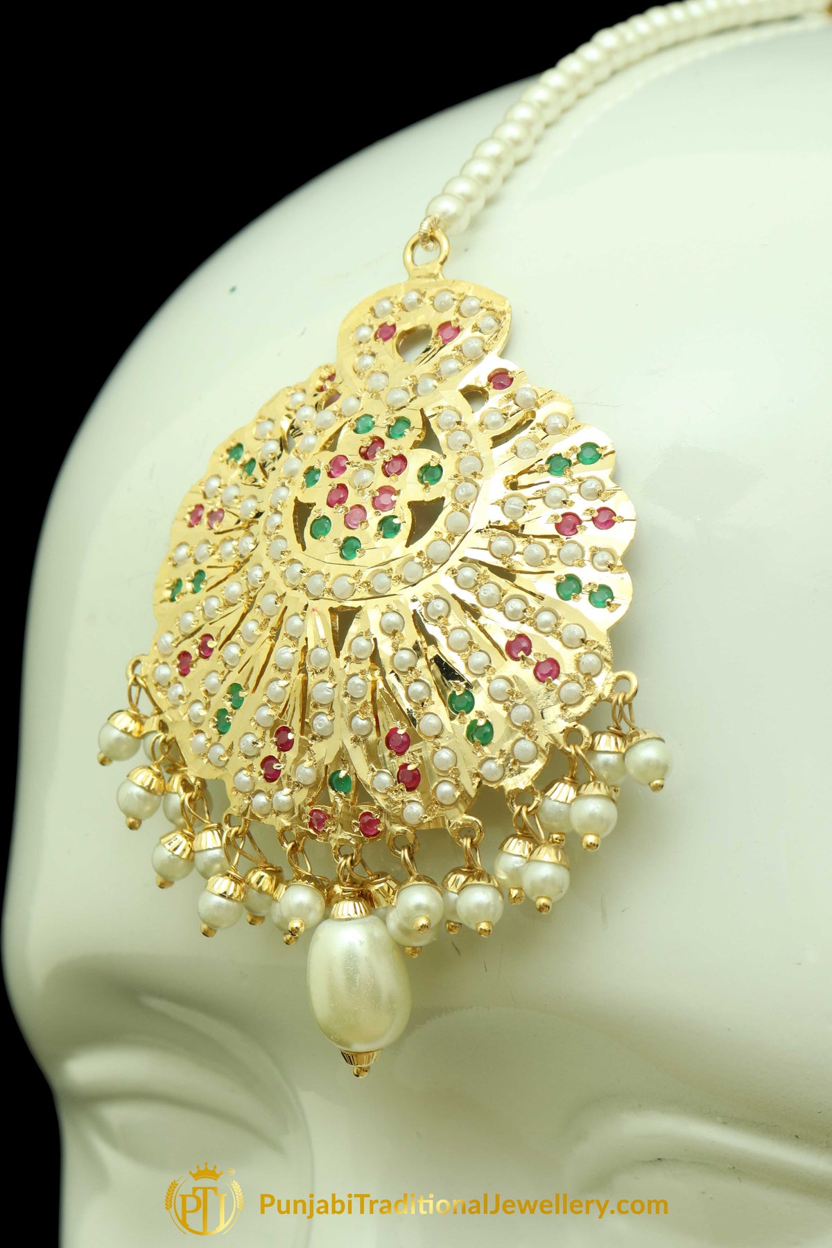 Gold Finished Navratan Jadau Earring Tikka Set By Punjabi Traditional Jewellery