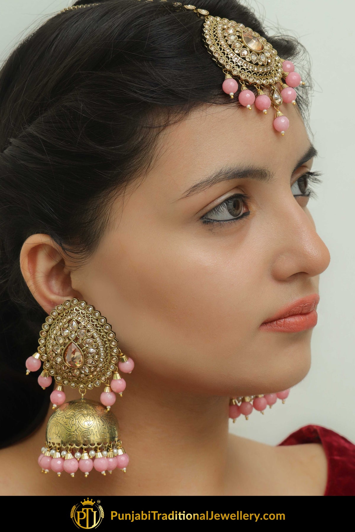 Farwah Chamapgne Stone Jhumki Earrings With Tikka | Punjabi Traditional Jewellery Exclusive