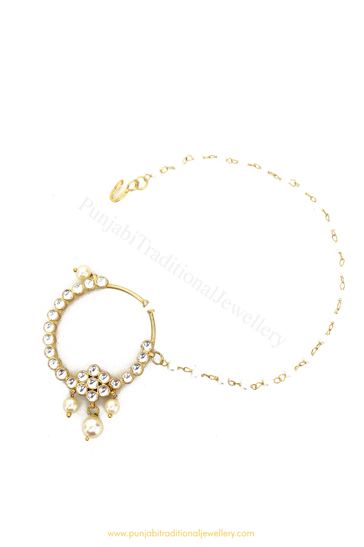 Gold Finished Pearl Kundan Nath By PTJ