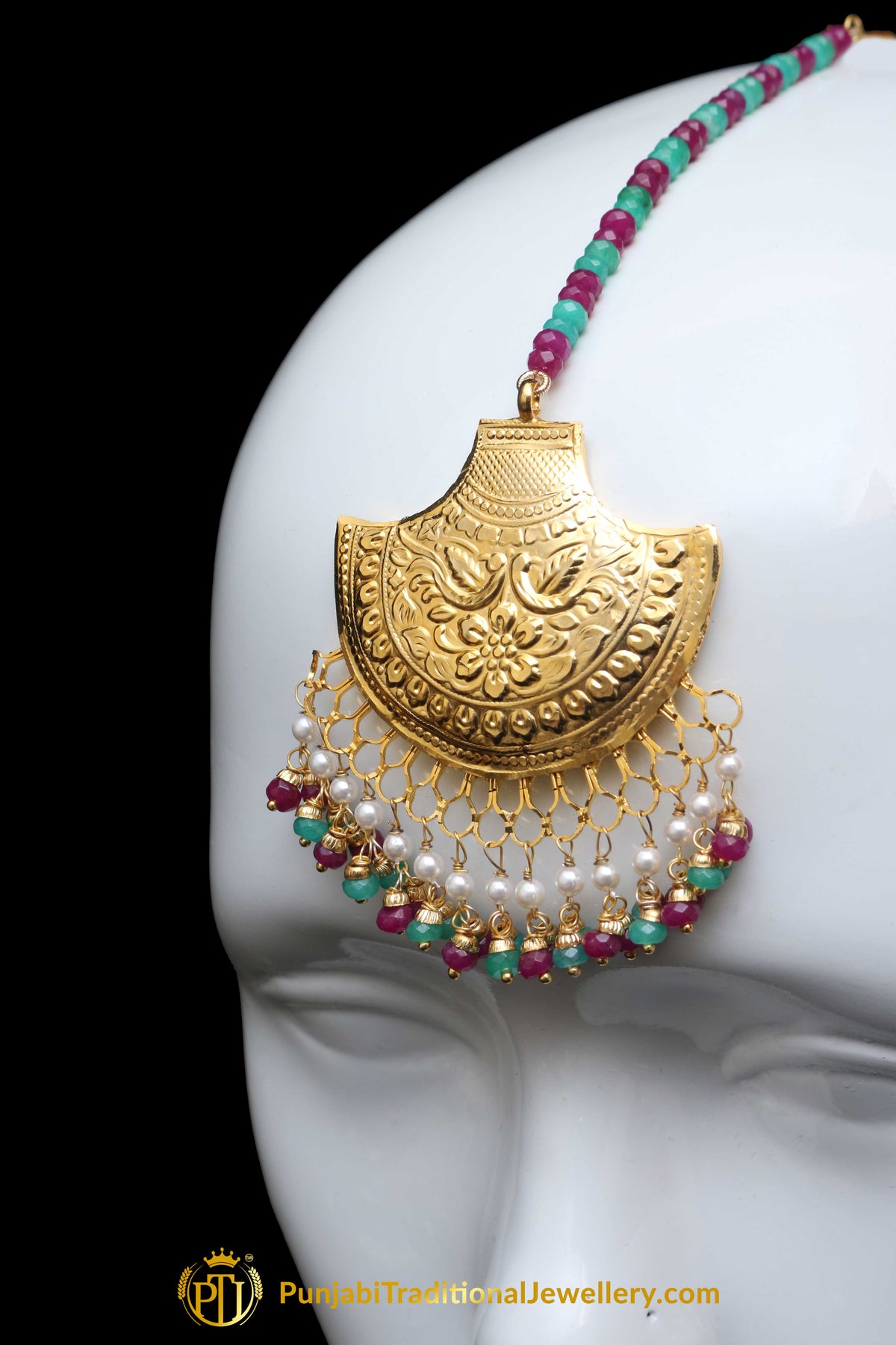 Maroon & Green Earring Tikka Set By Punjabi Traditional Jewellery