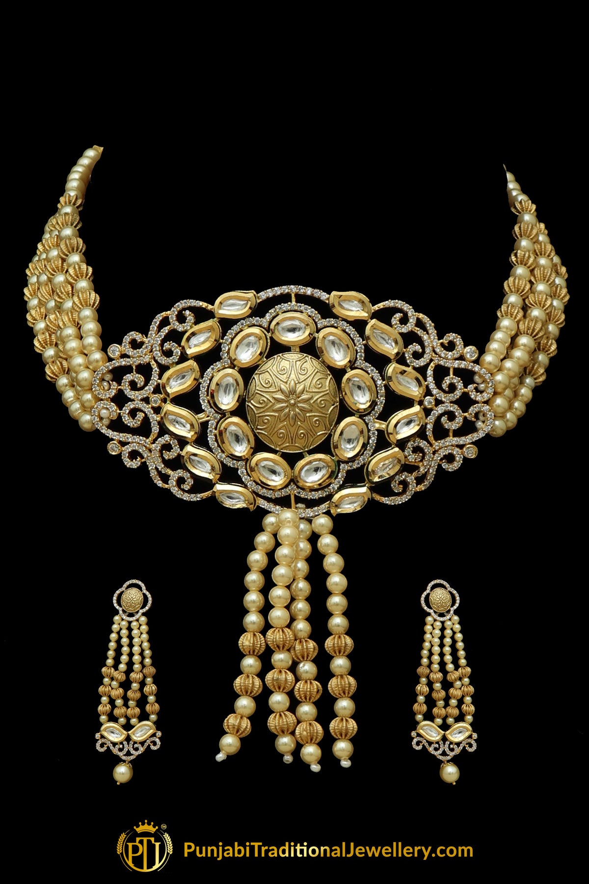 Matt Gold Kundan Necklace Set | Punjabi Traditional Jewellery Exclusive