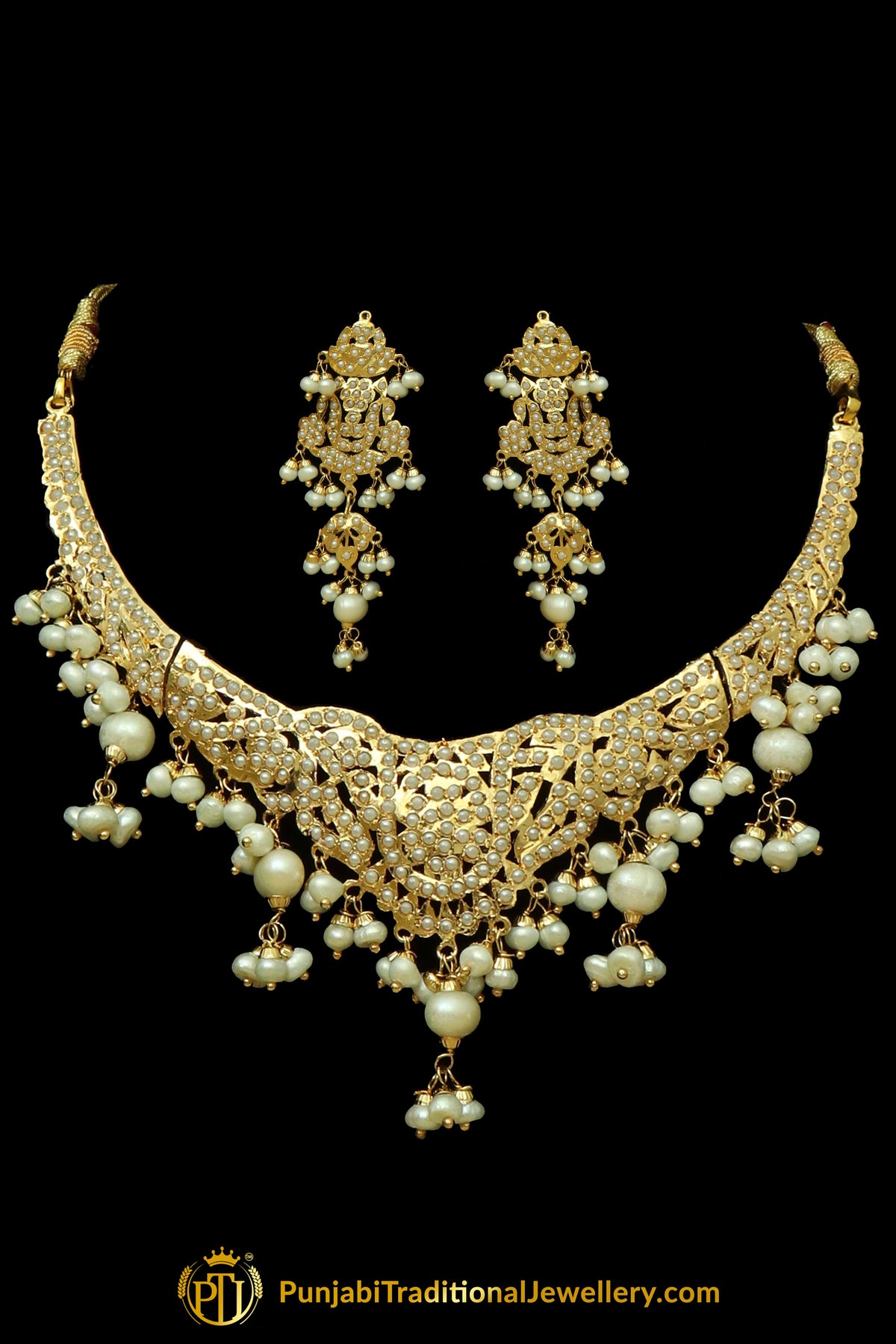 Golden Jadau Necklace Set By Punjabi Traditional Jewellery