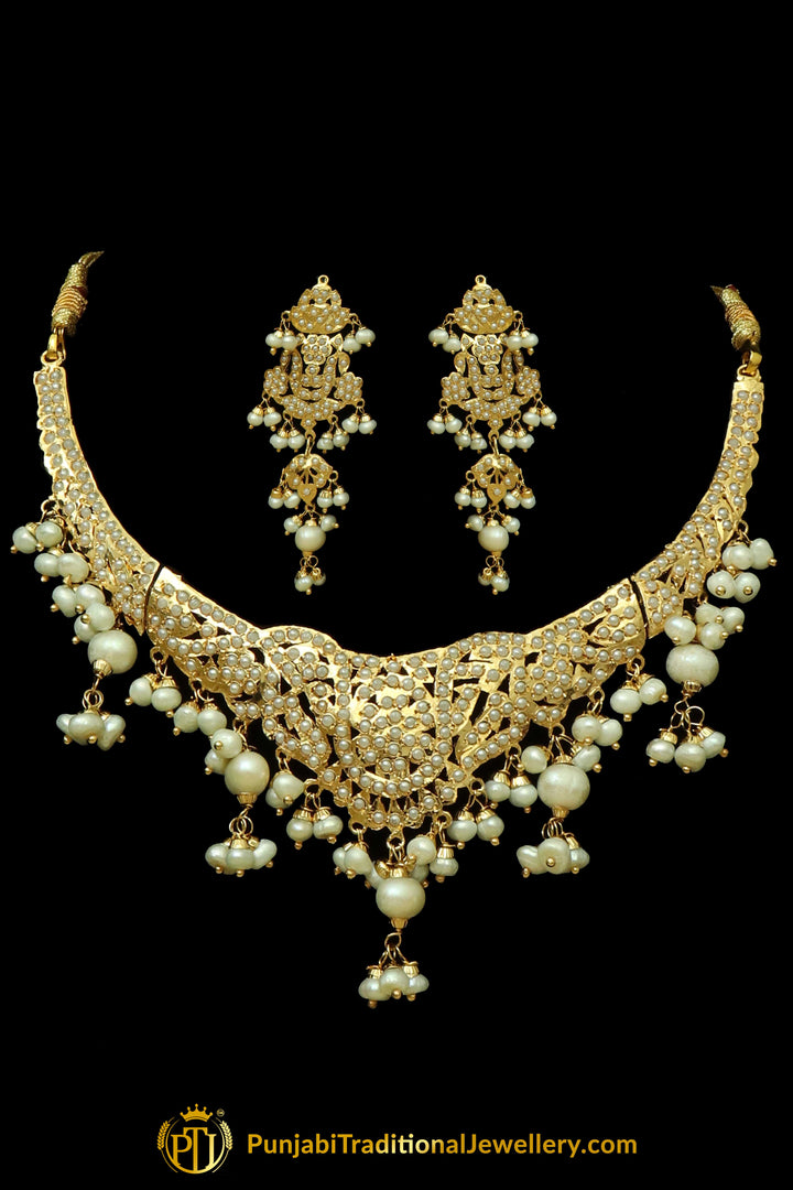 Golden Jadau Necklace Set By Punjabi Traditional Jewellery