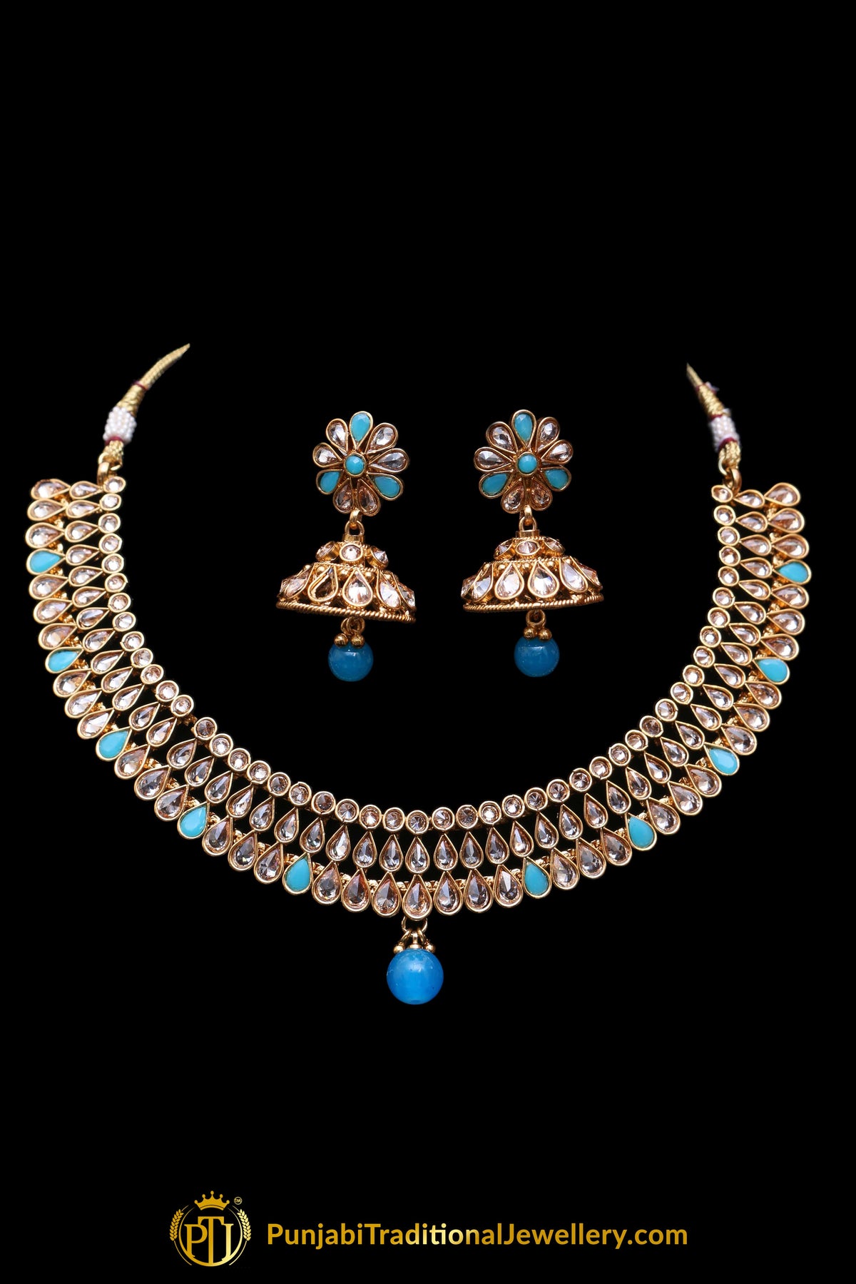 Firozi Polki Necklace Set By Punjabi Traditional Jewellery