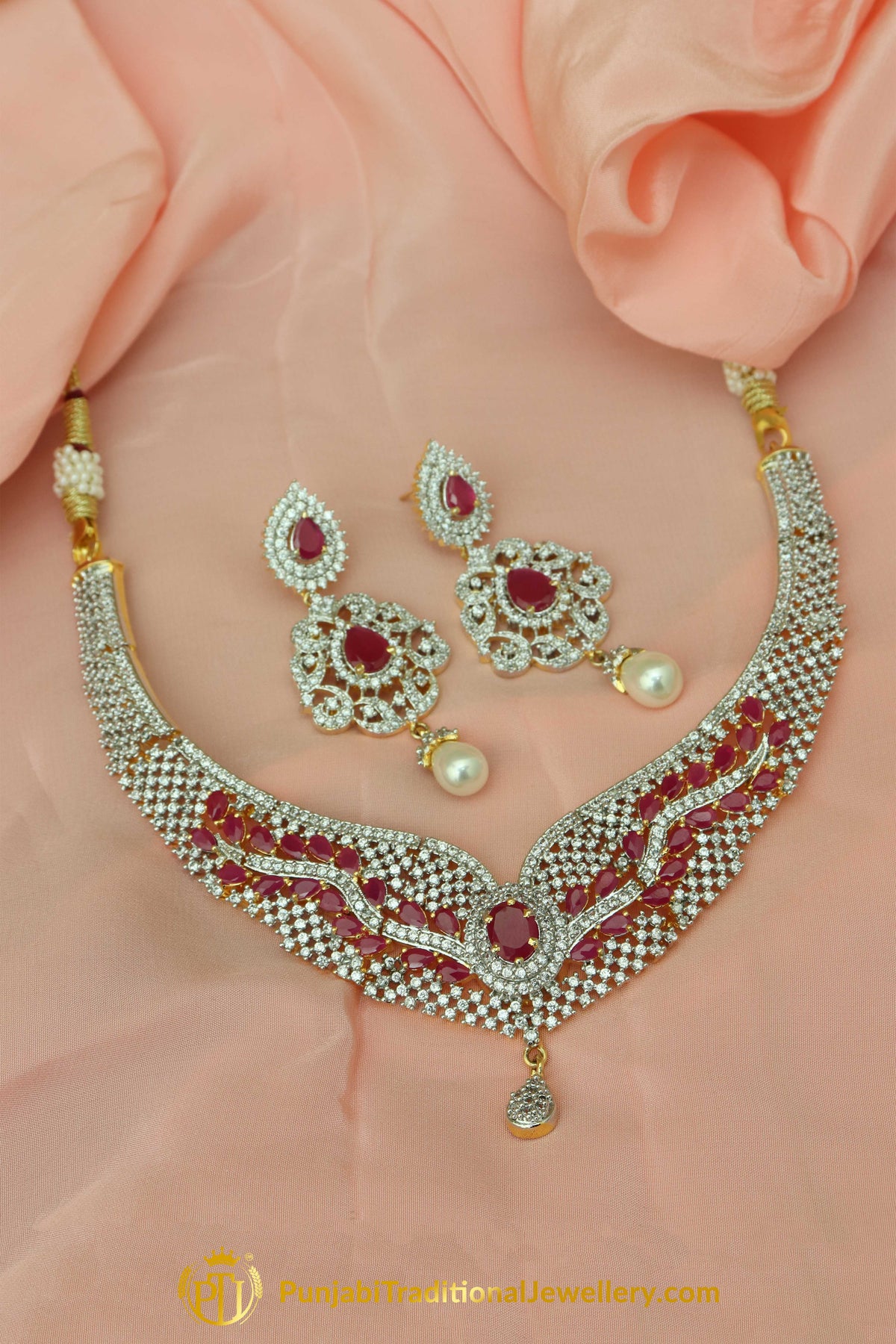 Gold Finished Red Pearl American diamond Necklace & Earrings | Punjabi Traditional Jewellery Exclusive