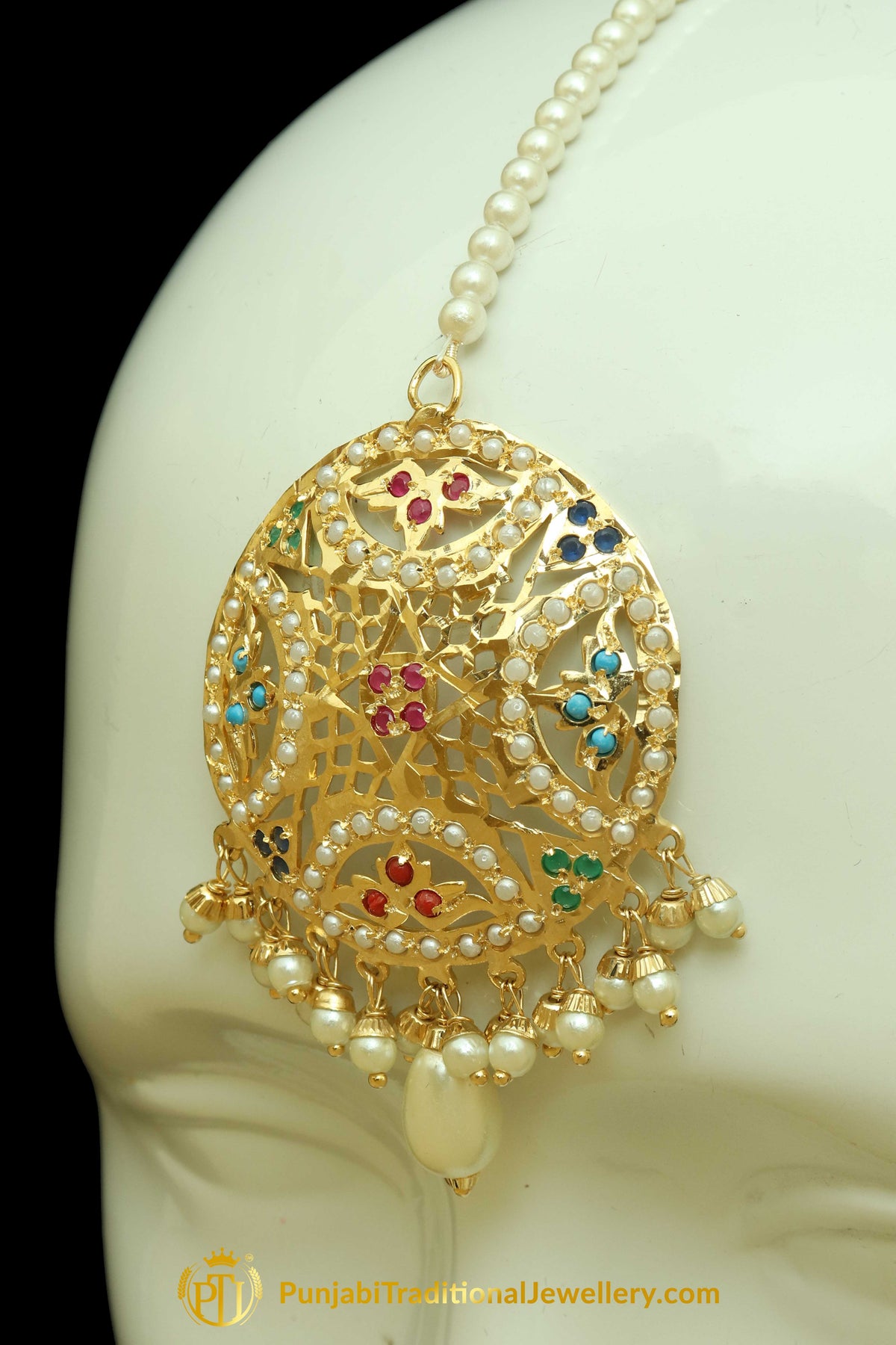 Multi Jadau Pearl Earring Tikka Set By Punjabi Traditional Jewellery