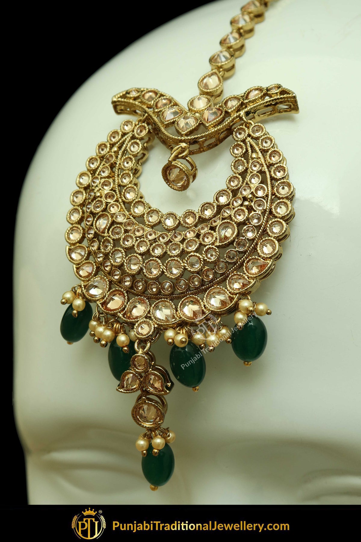 Antique Gold Finised Champagne Stone Green Earring Tikka Set By Punjabi Traditional Jewellery