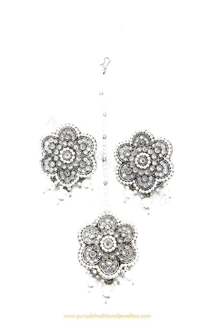 Silver Oxidised Studs & Tikka Set By PTJ