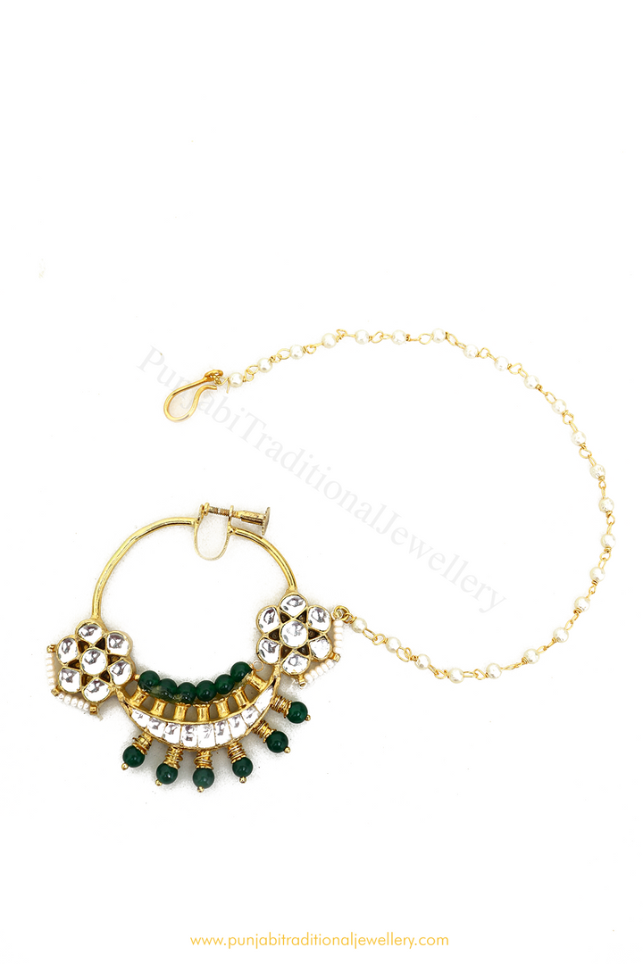 Gold Finished Emerald Kundan Nath By PTJ