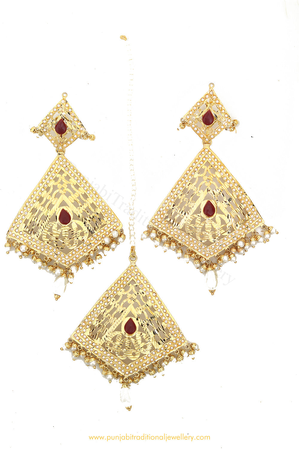 Gold Finished Pearl Jadau Earrings & Tikka Set By PTJ