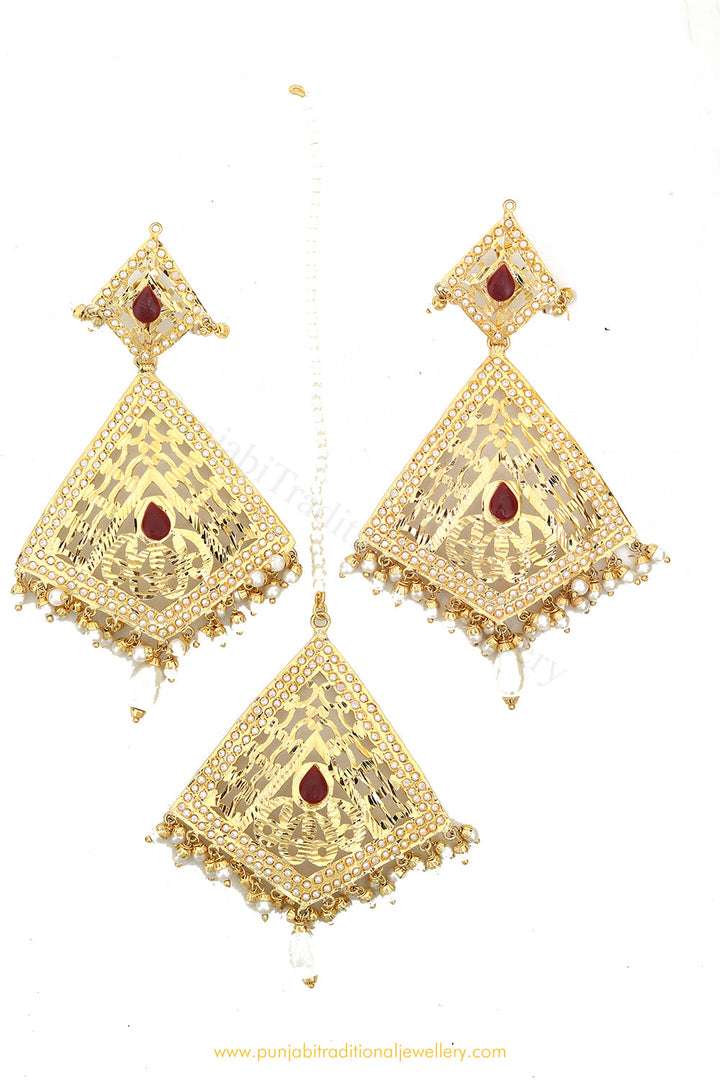 Gold Finished Pearl Jadau Earrings & Tikka Set By PTJ
