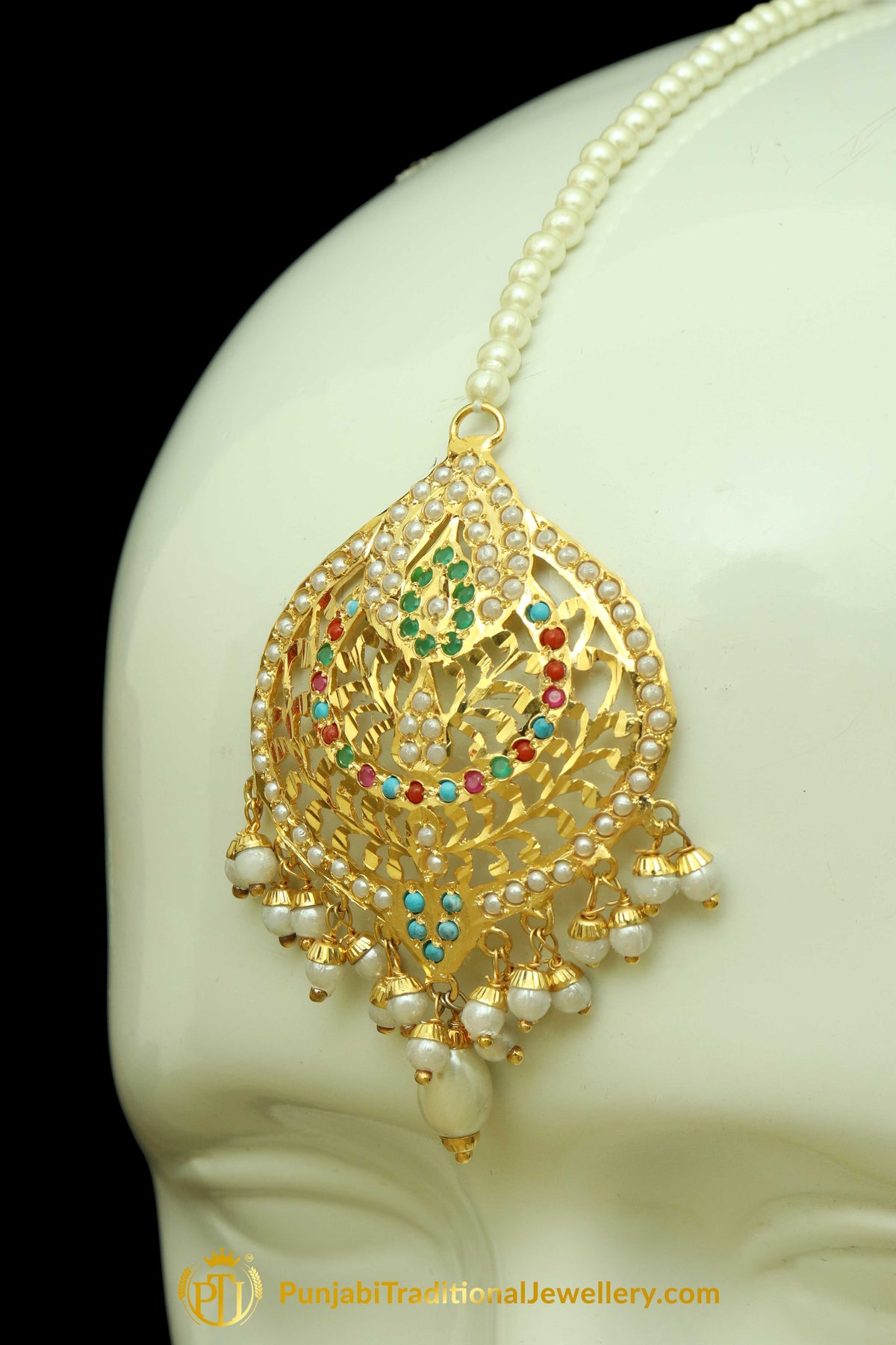 Gold Finished Navratan Jadau Earring Tikka Set By Punjabi Traditional Jewellery