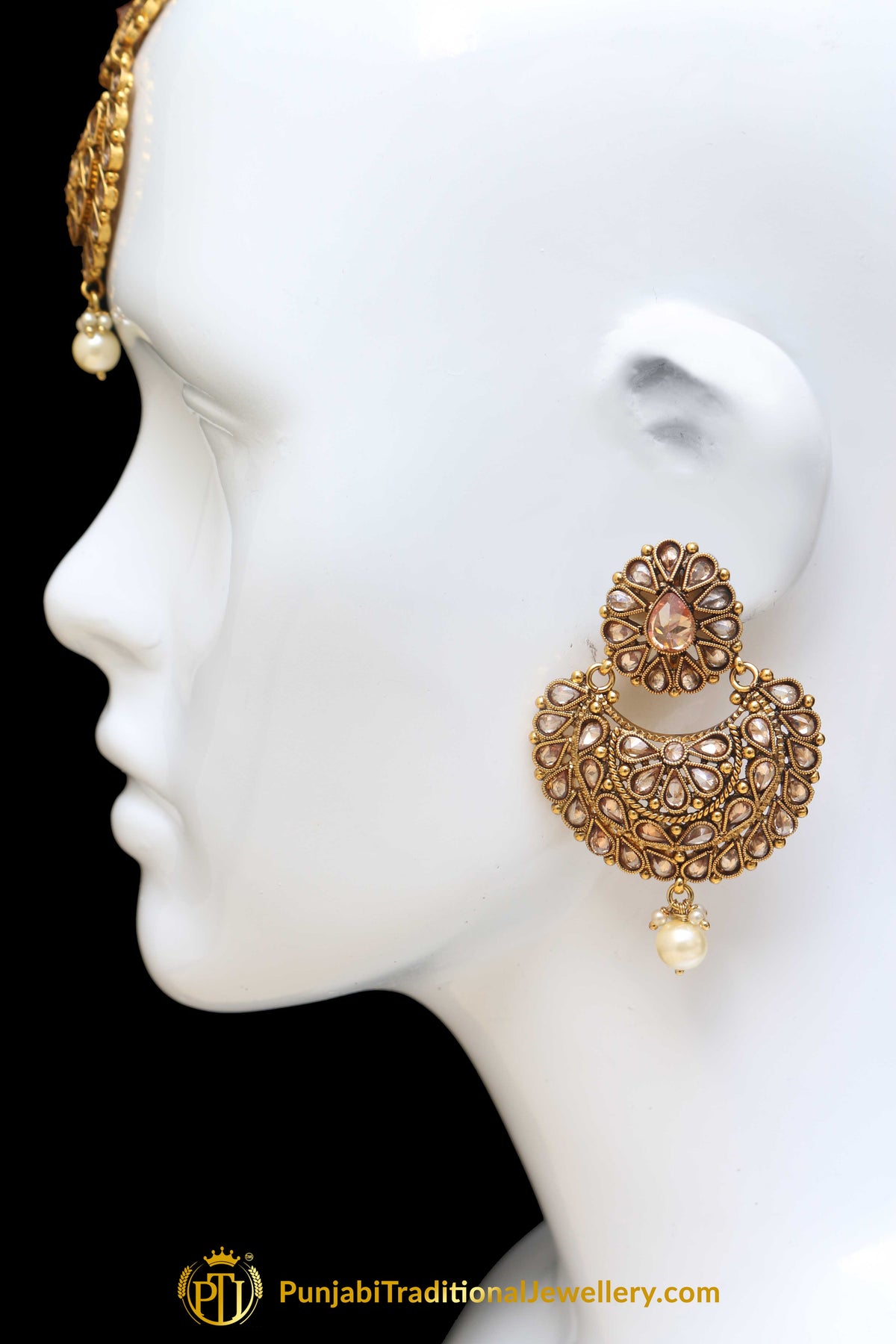 Champagne Stone Pearl Earring Tikka Set By Punjabi Traditional Jewellery