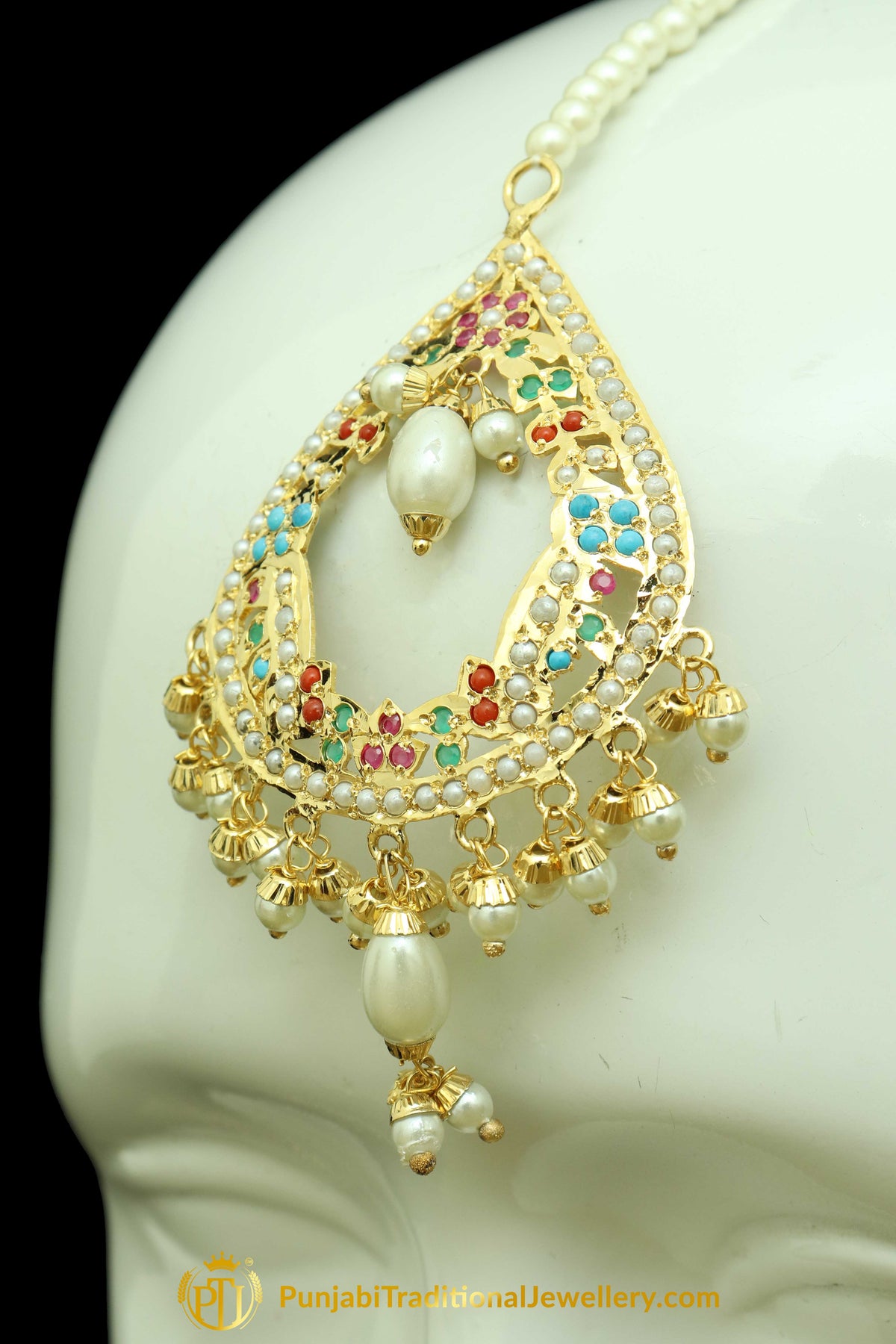Gold Finished Navratan Jadau Earring Tikka Set By Punjabi Traditional Jewellery