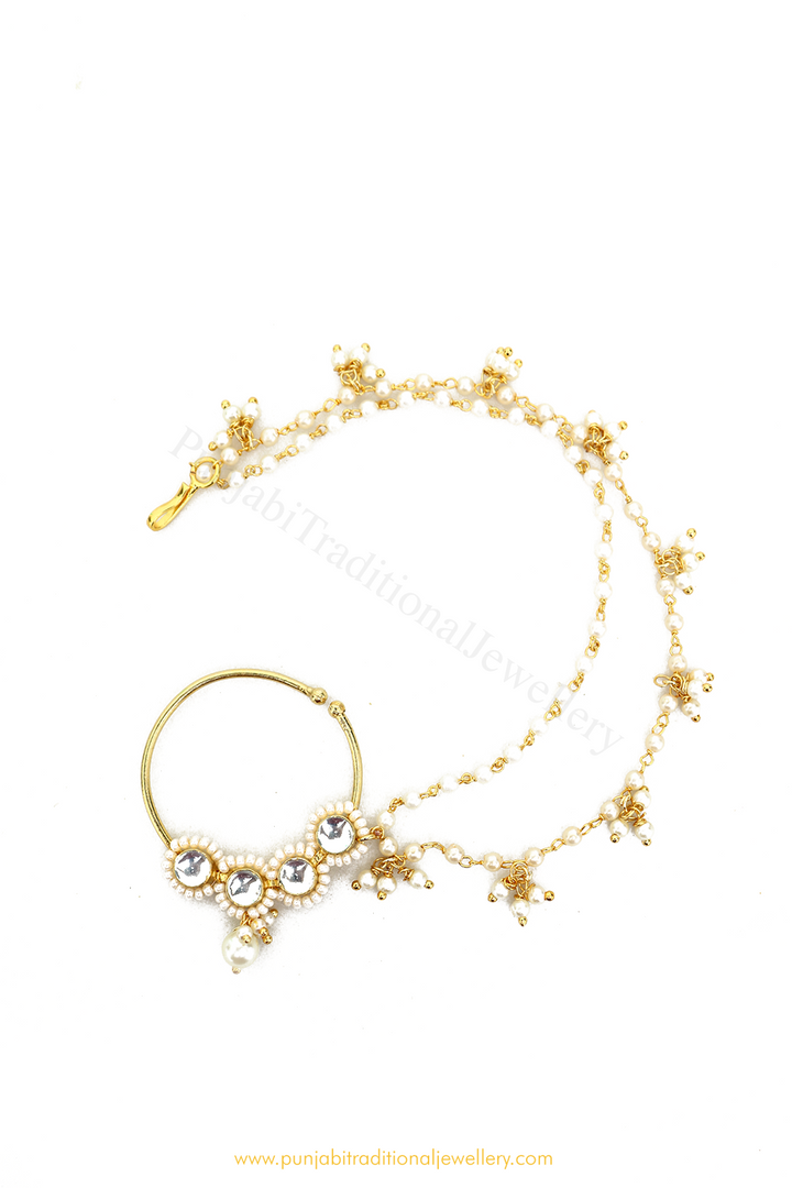 Gold Finished Pearl Kundan Nath By PTJ