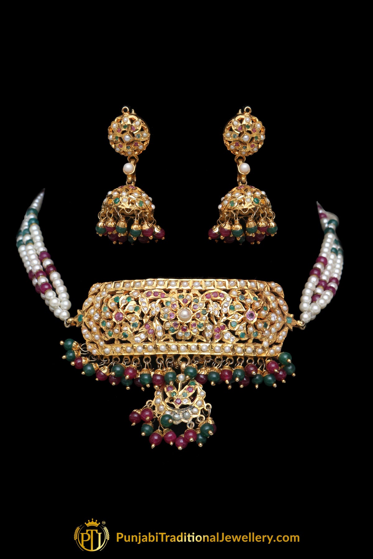 Multi Pearl Jadau Necklace Set By Punjabi Traditional Jewellery