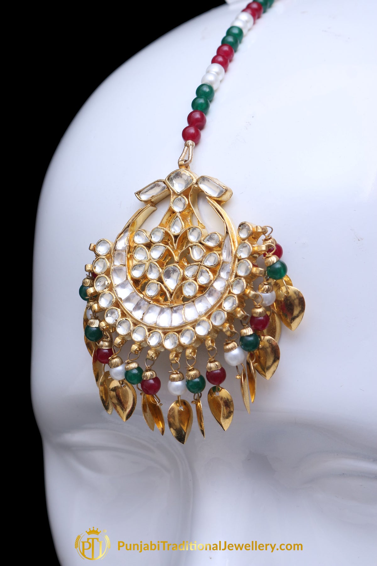 Aamsya Gold Plated Red Green Pippal Patti Kundan Earring Tikka Set By Punjabi Traditional Jewellery