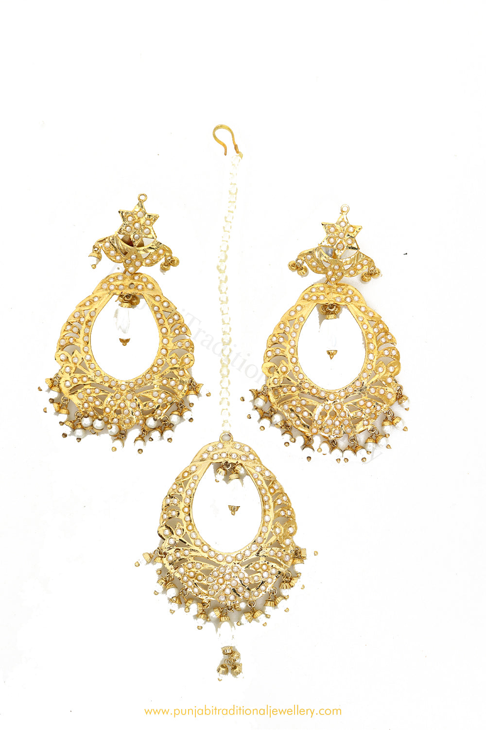 Gold Finished Pearl Jadau Earrings & Tikka Set By PTJ