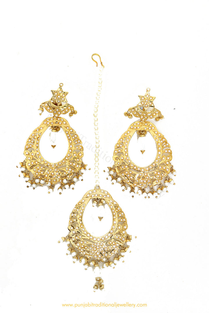 Gold Finished Pearl Jadau Earrings & Tikka Set By PTJ