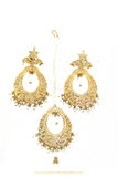 Gold Finished Pearl Jadau Earrings & Tikka Set By PTJ