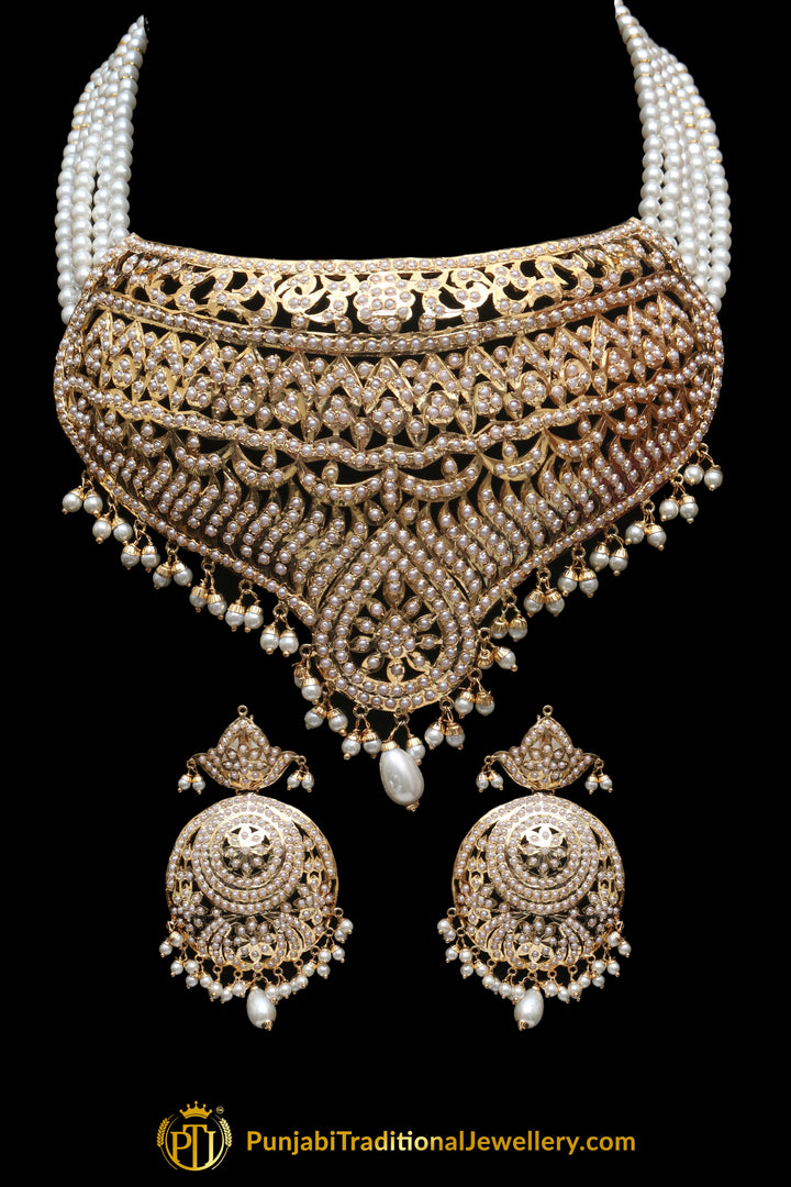Jadau Golden Pearl Necklace Set By Punjabi Traditional Jewellery