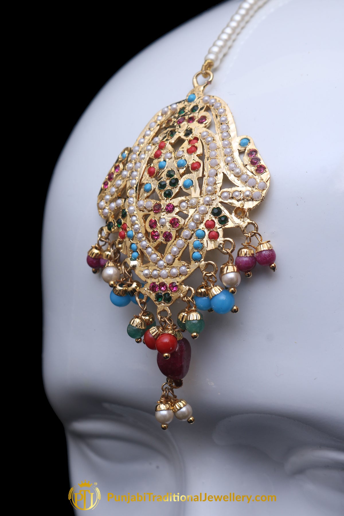 Multi Jadau Pearl Earring Tikka Set By Punjabi Traditional Jewellery