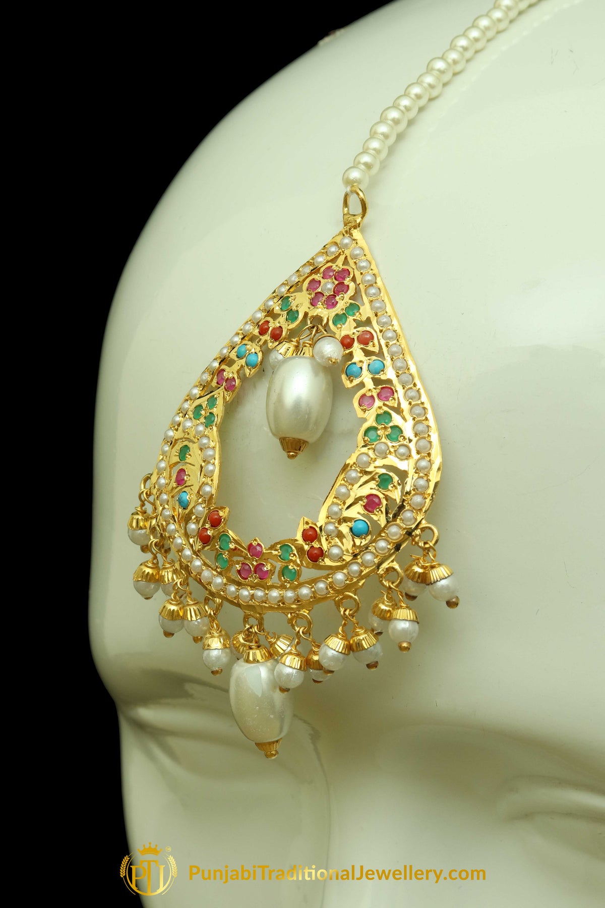 Gold Finished Navratan Jadau Earring Tikka Set By Punjabi Traditional Jewellery