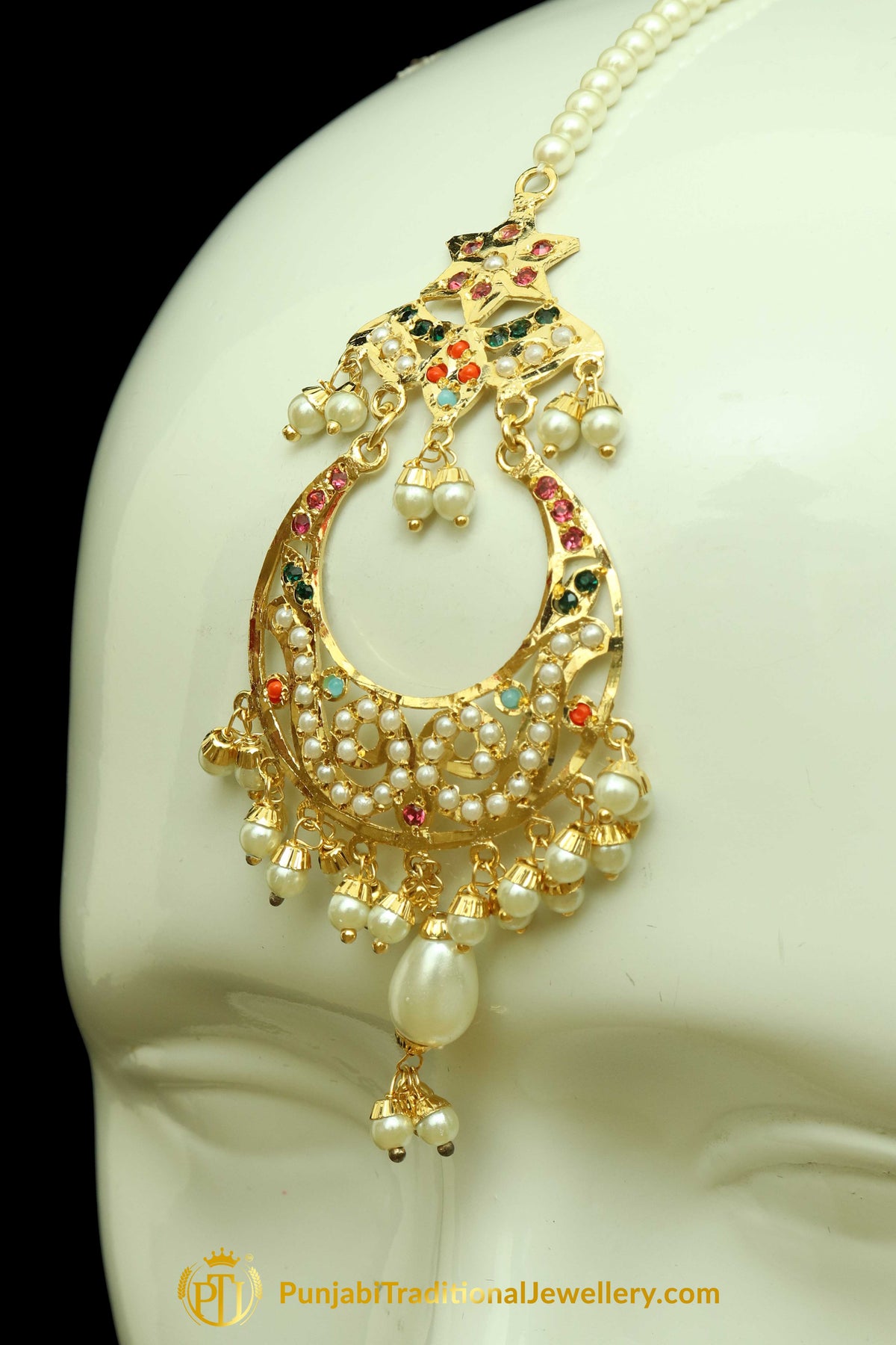 Gold Finished Navratan Jadau Earring Tikka Set By Punjabi Traditional Jewellery