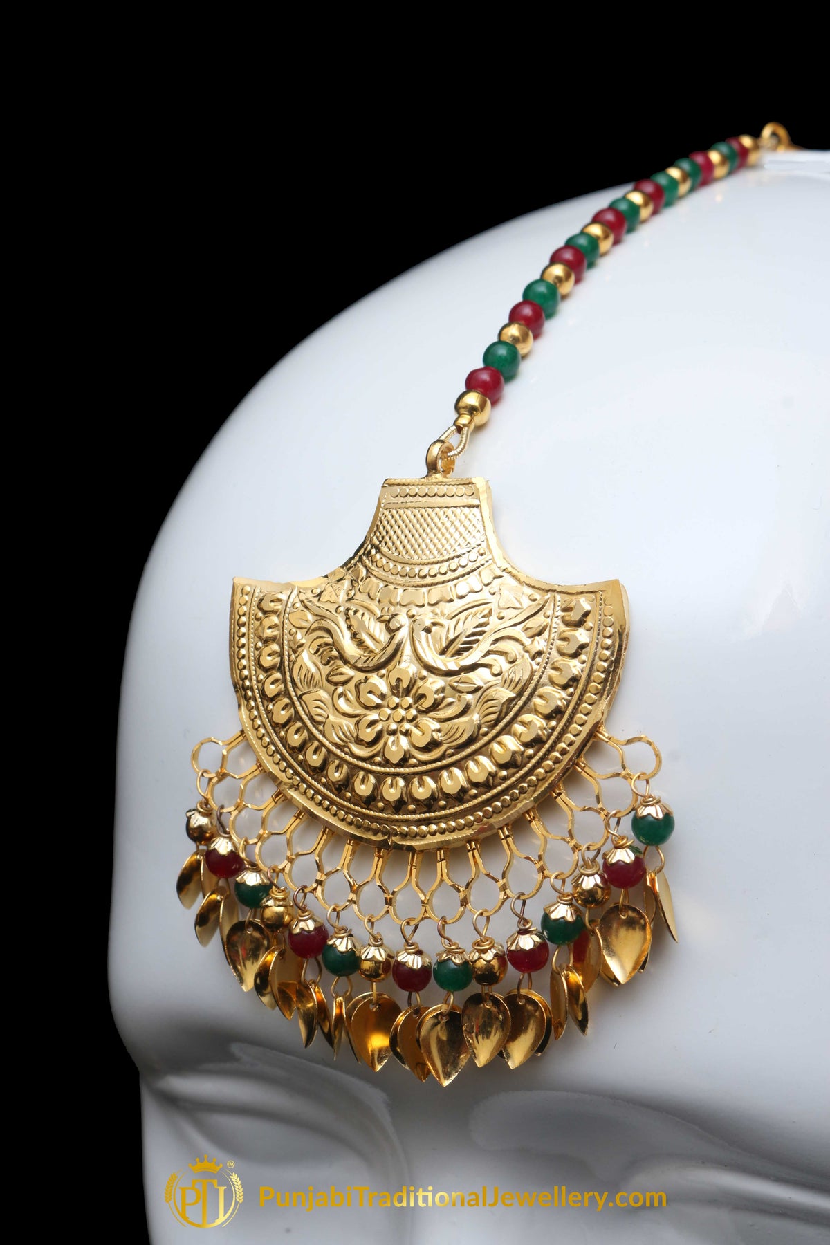Red Green Pippal Patti Earring Tikka Set By Punjabi Traditional Jewellery