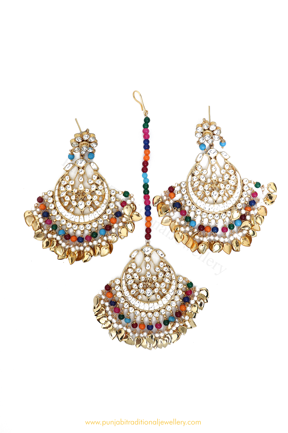 Gold Finished Navratan Pippal Patti kundan Earrings Tika By PTJ
