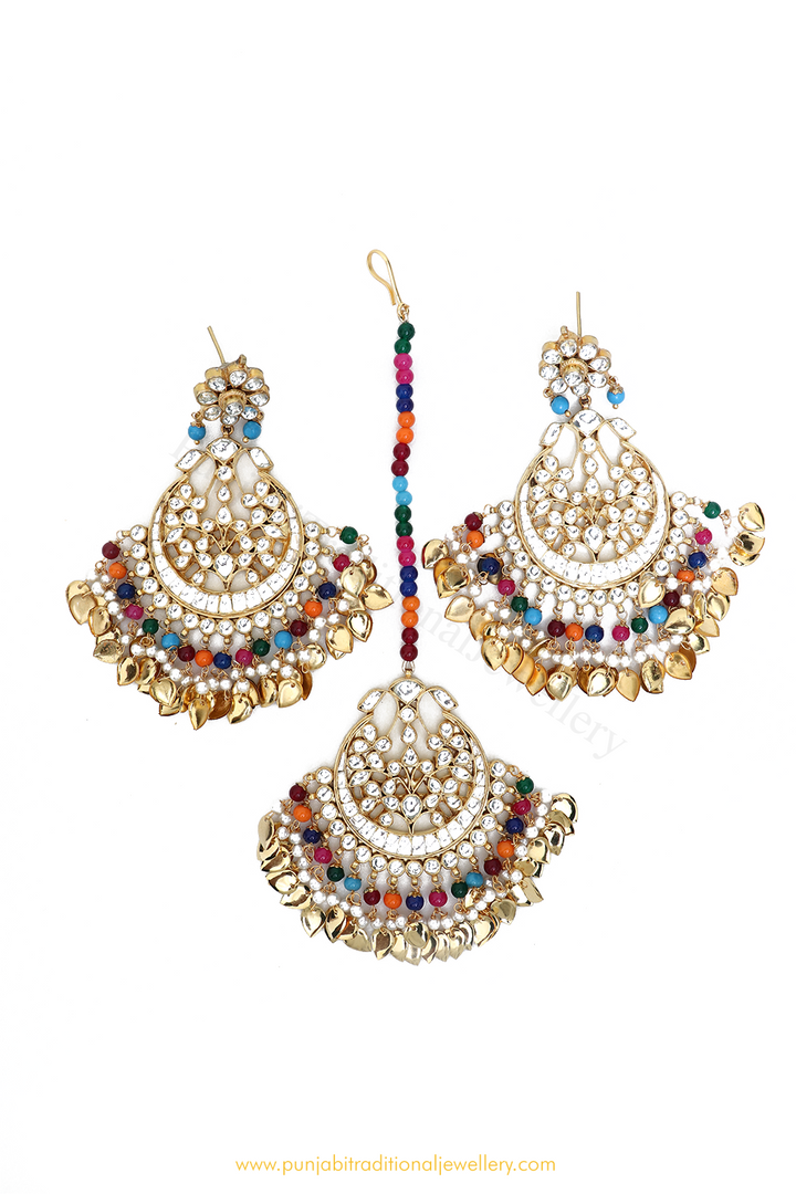 Gold Finished Navratan Pippal Patti kundan Earrings Tika By PTJ