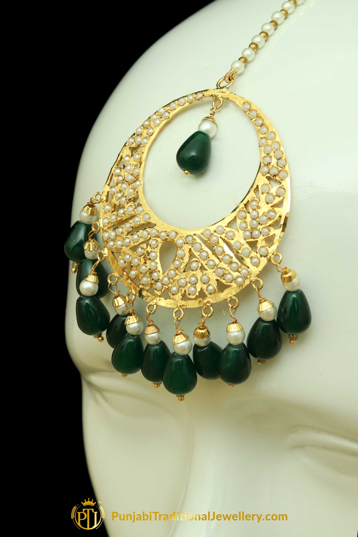 Green Jadau Earrings Tikka Set By Punjabi Traditional Jewellery