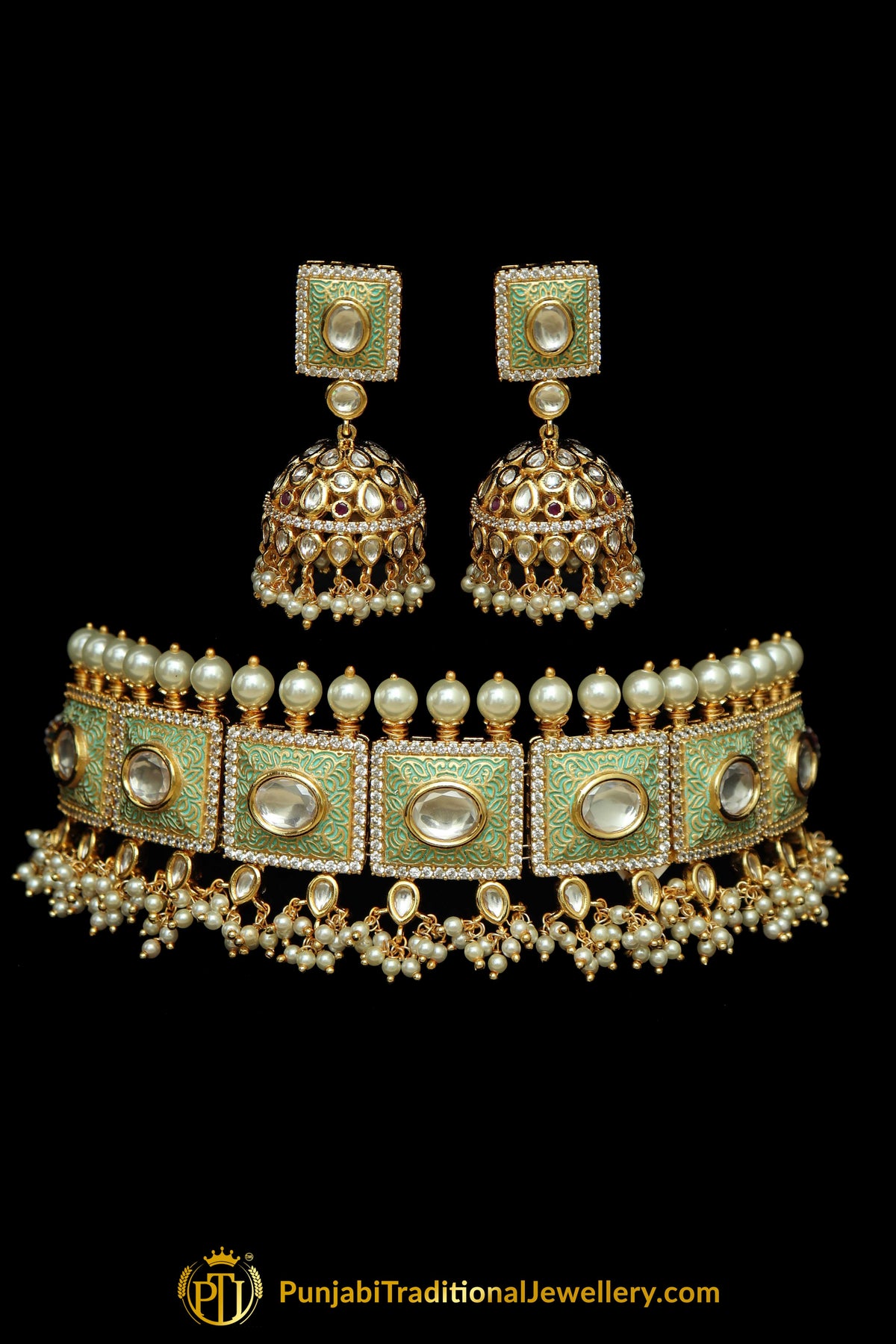Green Kundan Meena Hand Painted Meena Choker Necklace Set By Punjabi Traditional Jewellery