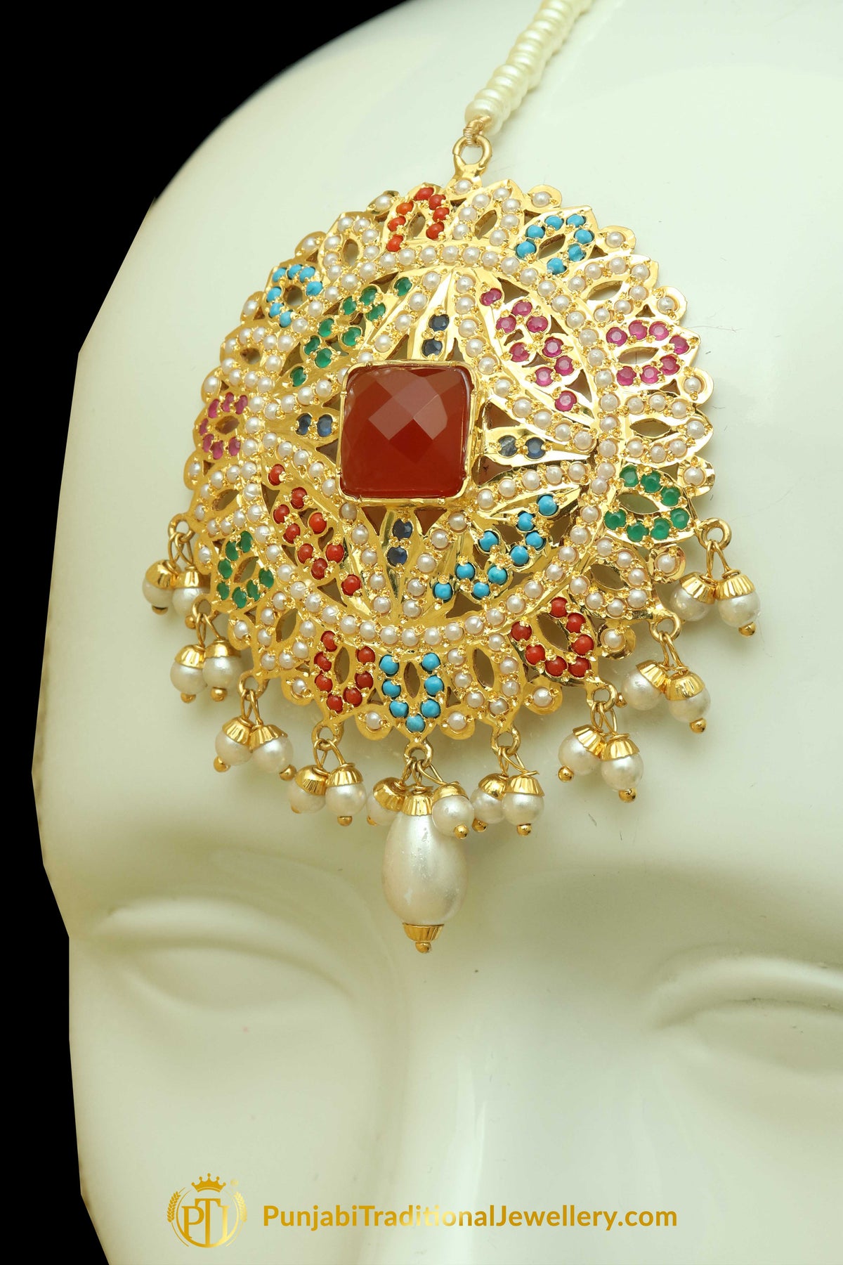 Multi Jadau Pearl Earring Tikka Set By Punjabi Traditional Jewellery
