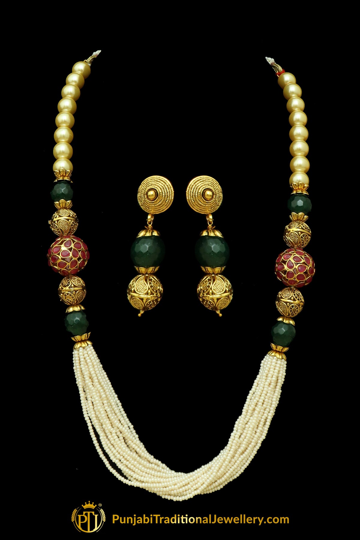 Red & Green Jodha Mala Necklace Set By Punjabi Traditional Jewellery