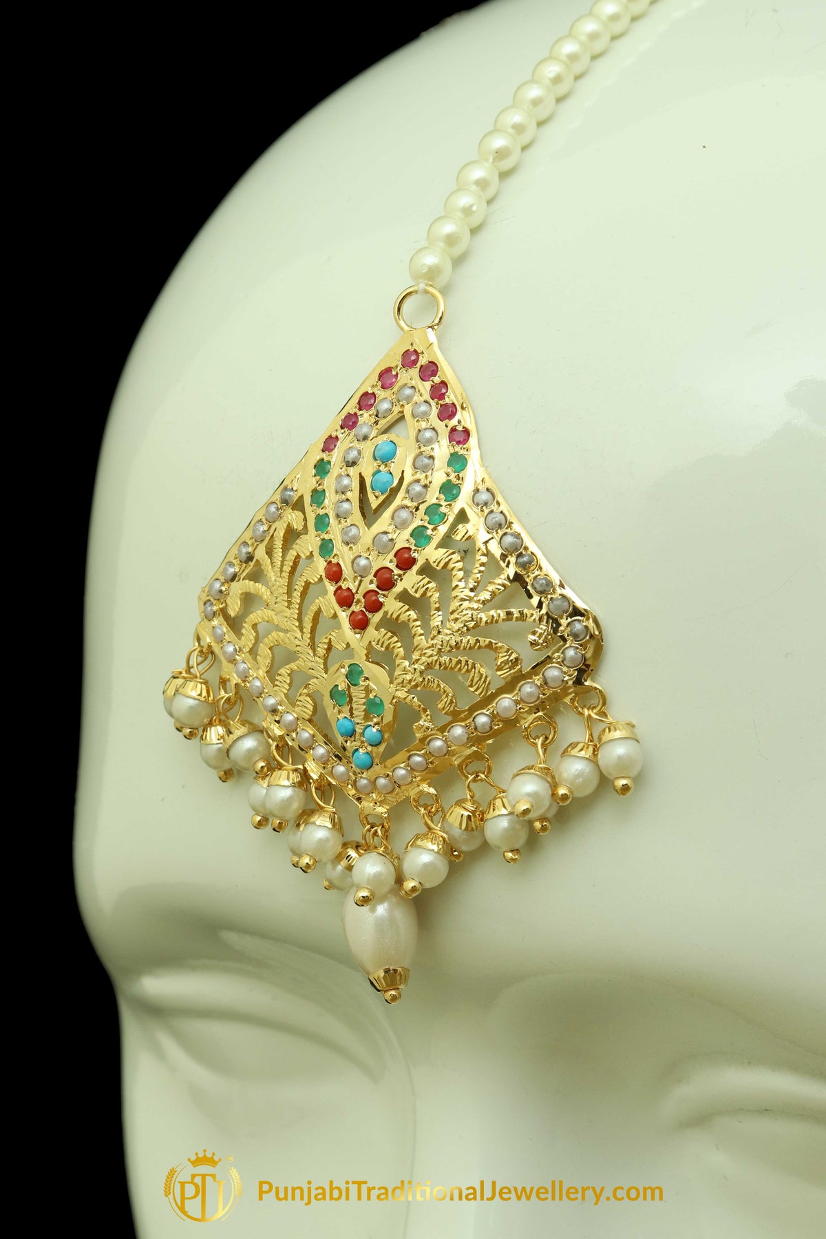 Gold Finished Navratan Jadau Earring Tikka Set By Punjabi Traditional Jewellery