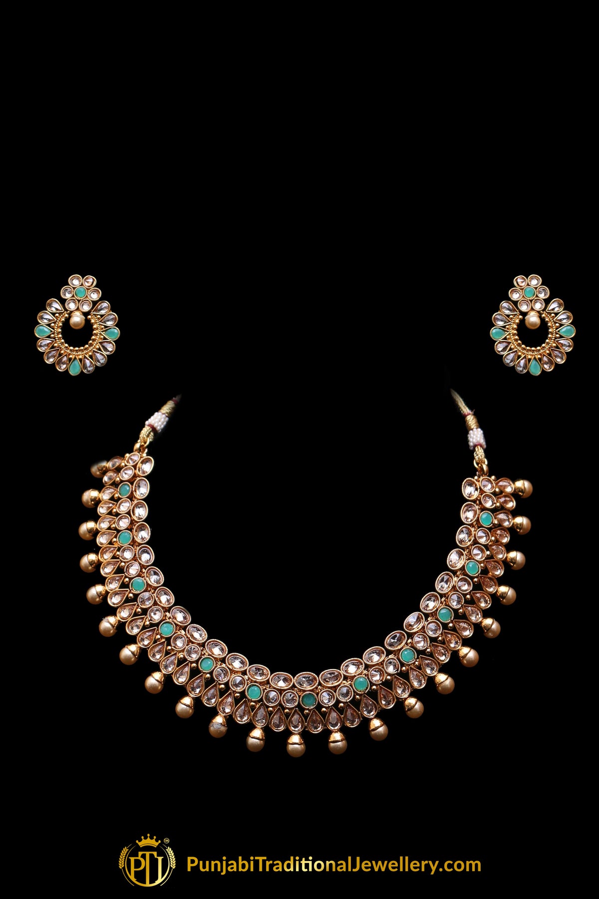 Green White Pearl Polki Necklace Set By Punjabi Traditional Jewellery