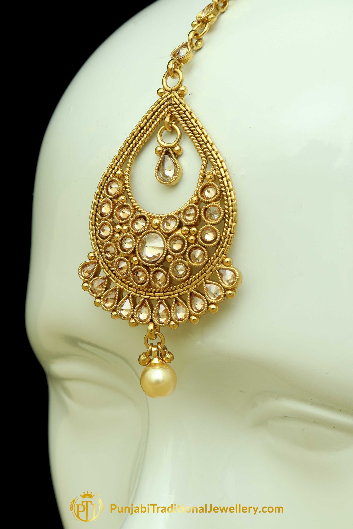 Golden Polki Pearl Earrings Tikka Set By Punjabi Traditional Jewellery