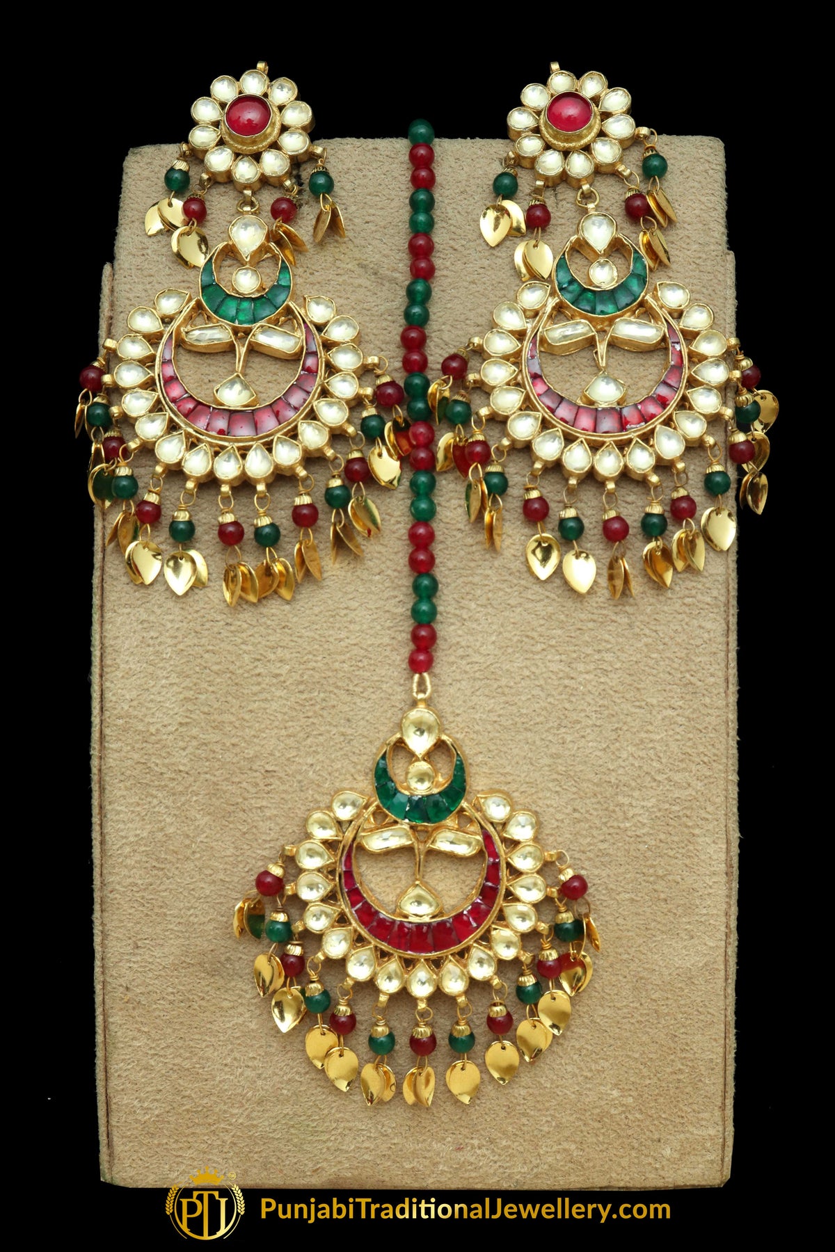 Rubby Panna Pippal Patti Kundan Earring Tikka Set | Punjabi Traditional Jewellery Exclusive