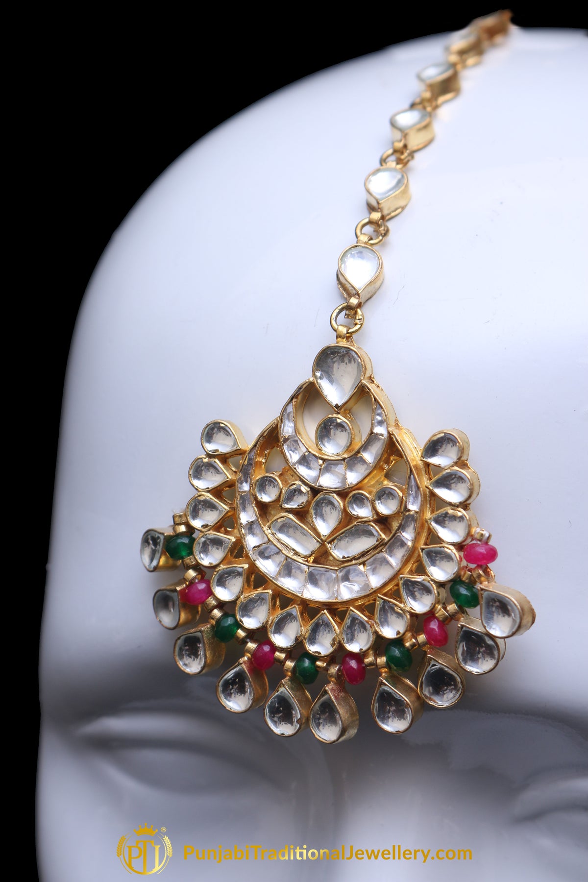 Pink Green Kundan Pearl Earring Tikka Set By Punjabi Traditional Jewellery