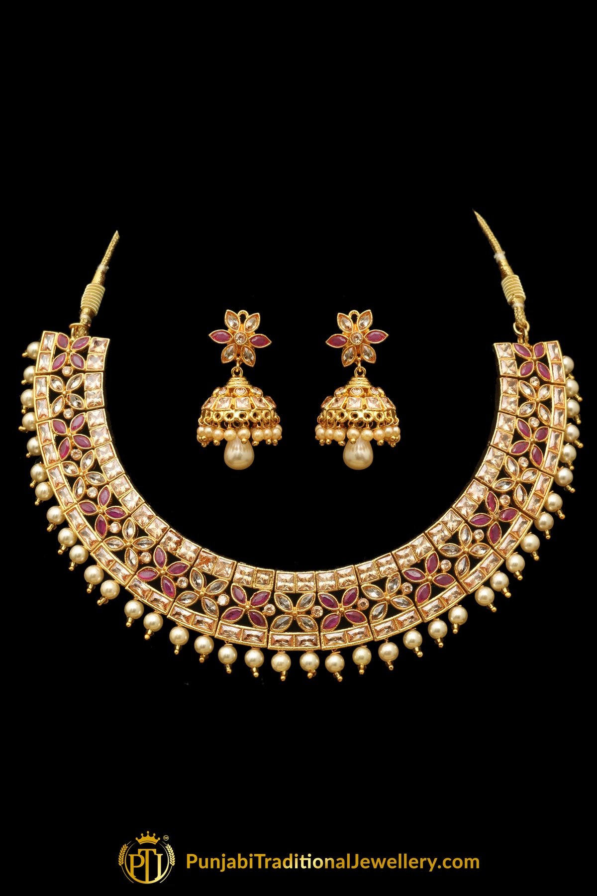 Red Champagne Stone Pearl Necklace Set By Punjabi Traditional Jewellery