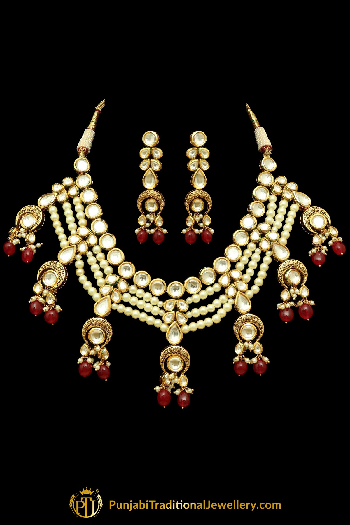 Red Kundan & Pearl Necklace Set By Punjabi Traditional Jewellery