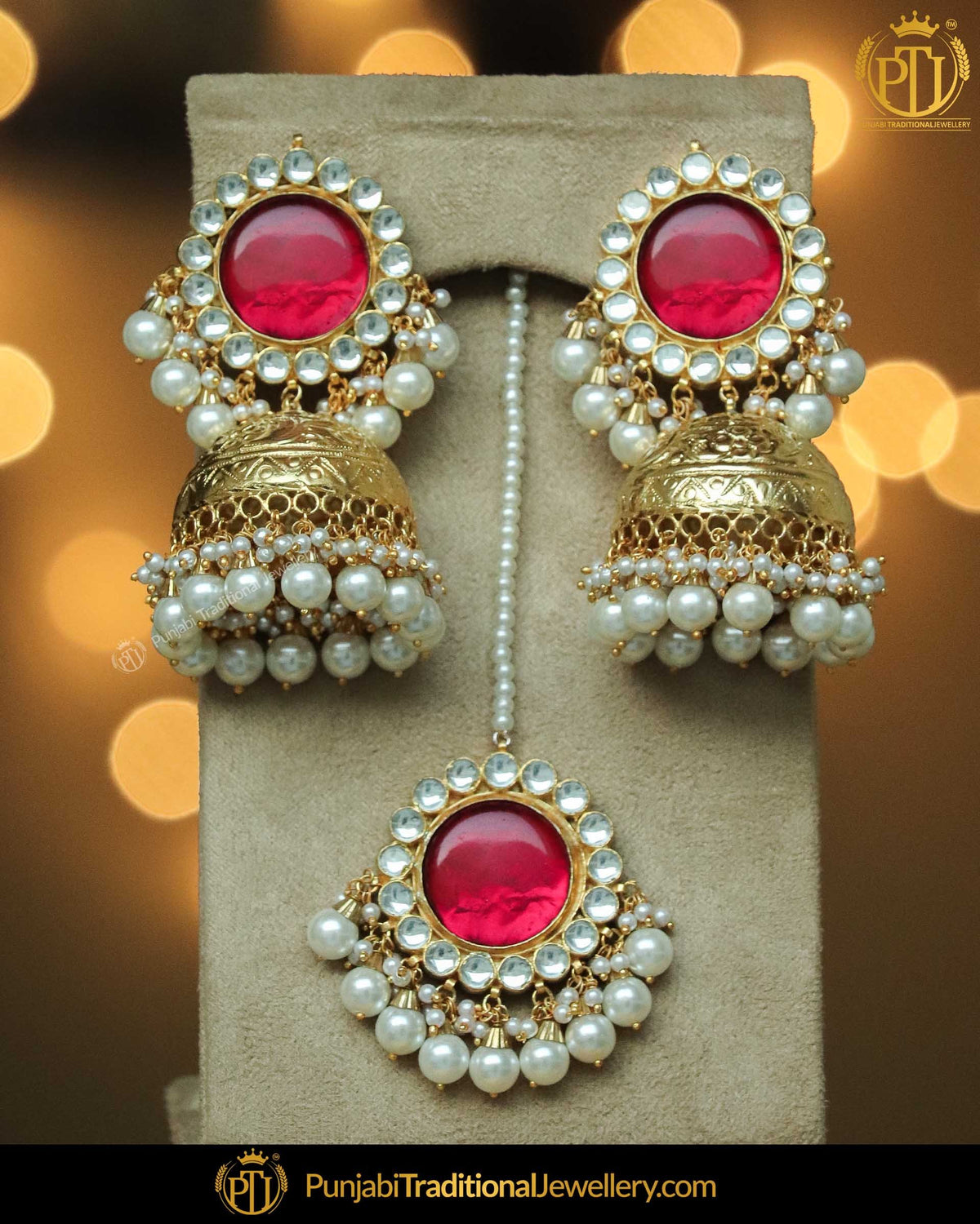 Gold Finished Rubby Stud & Jhumki Pearl Kundan Earrings & Tikka Set | Punjabi Traditional Jewellery Exclusive