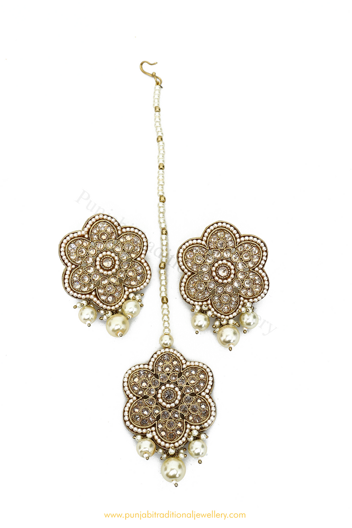 Antique Gold Finished Champagne Stone Studs  & Tikka Set By PTJ