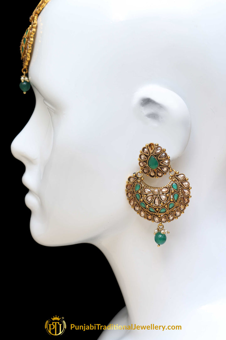 Champagne Stone Green Pearl Earring Tikka Set By Punjabi Traditional Jewellery